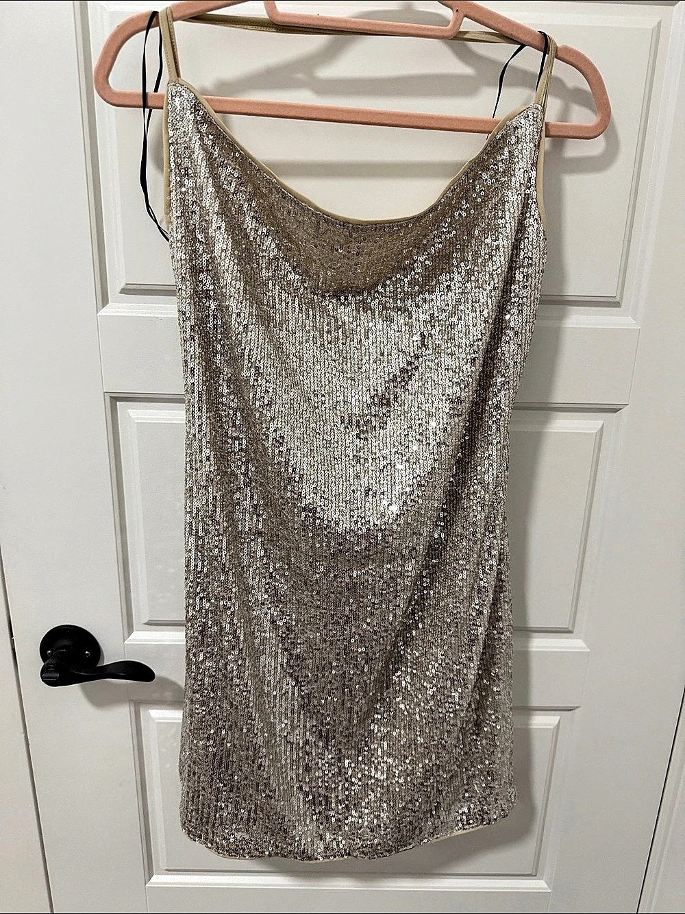 H&Medium Divided Sequin Cowl Neck Slip Dress Sequin Mini Dress in Silver & Beige
